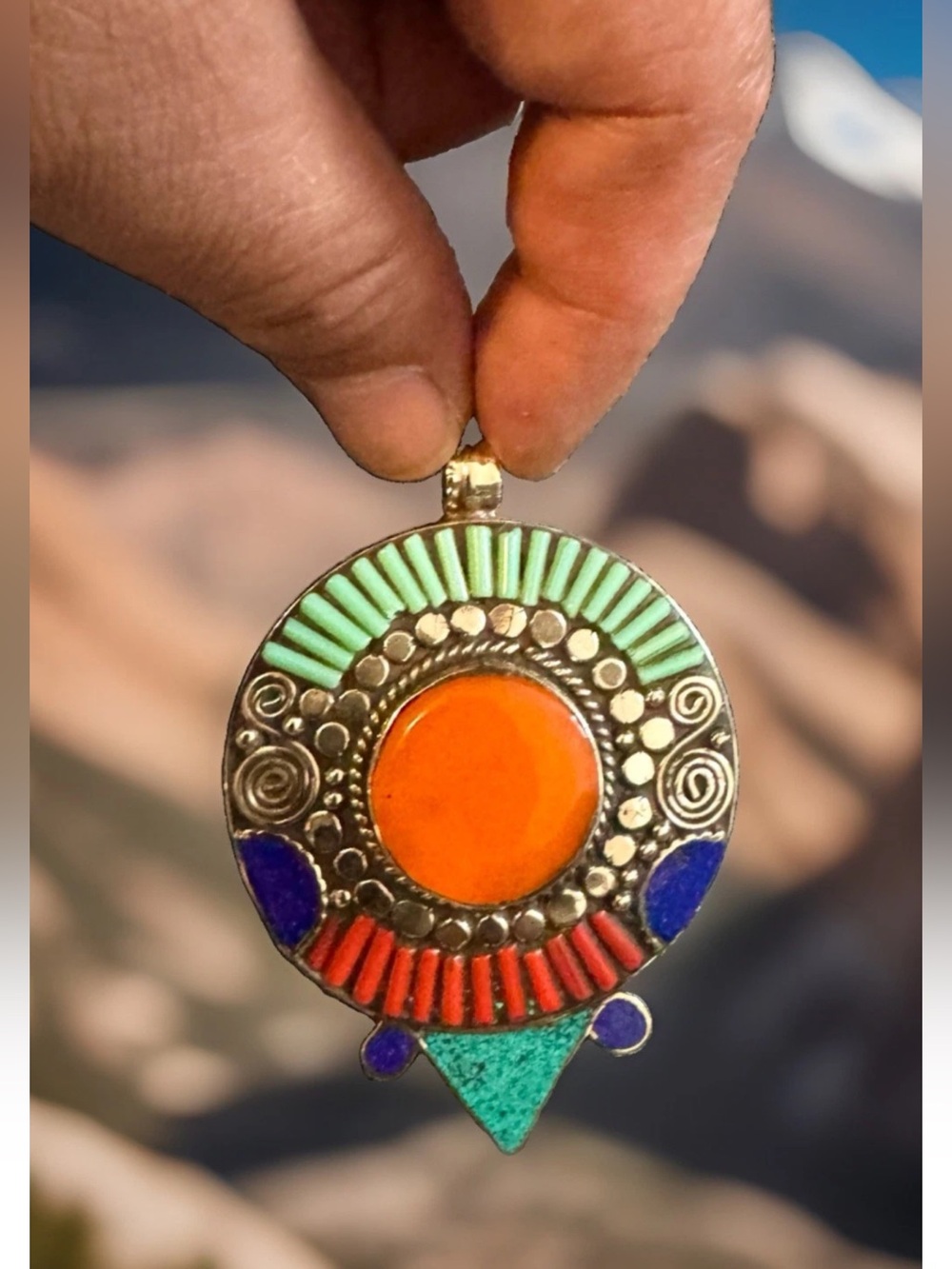Vintage Style Handcrafted Ethnic Tibetan Pendant Inlay With Stones & Silver 49gr